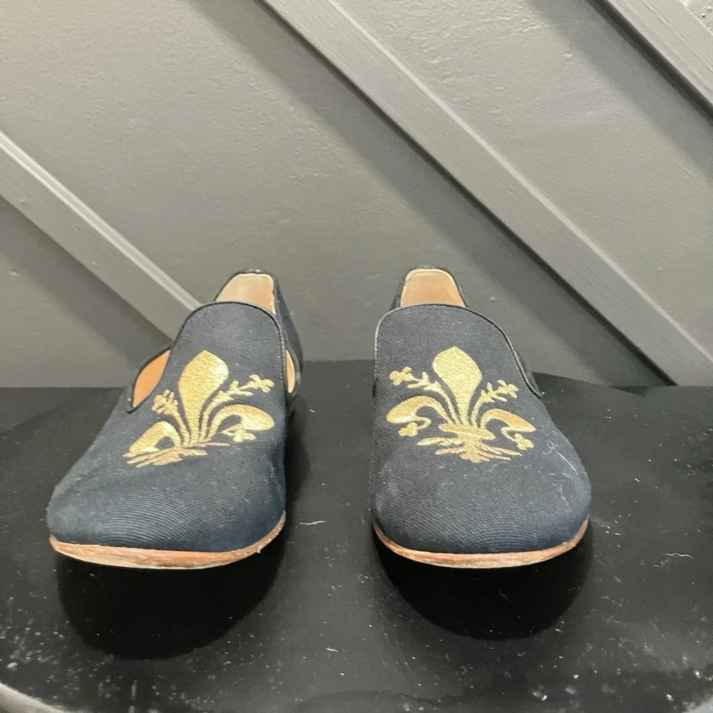 Botticelli Womens Sz US 9 EU 39 Navy Gold Fleur de Lis Leather Smoking Loafers